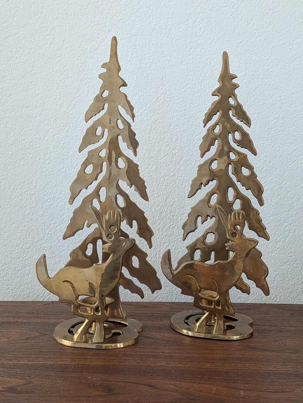 Set of 2 Tall Vintage Brass Tree Deer Taper Candle Holder MCM Christmas Decor